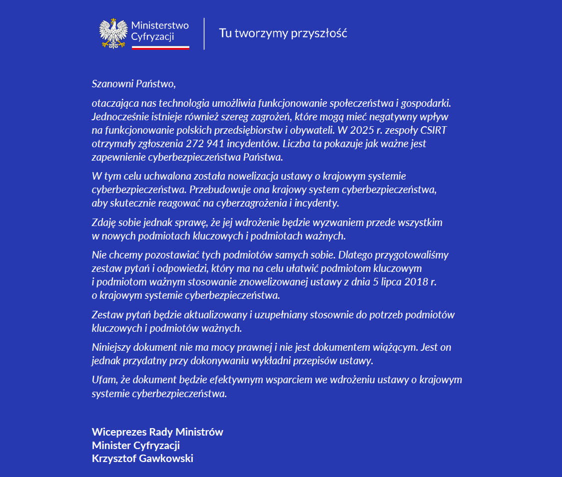 Einleitendes Schreiben von Vizepremier und Digitalminister Krzysztof Gawkowski auf blauem Grund mit dem polnischen Staatswappen, das den Fragen-und-Antworten-Katalog des Ministeriums für Digitalisierung zum Gesetz über das nationale Cybersicherheitssystem eröffnet